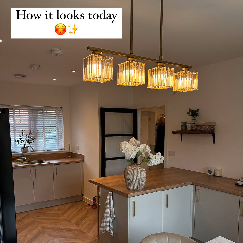 Crystal Glass Island Pendant Light – 3 or 4 Head Chandelier, Adjustable Height