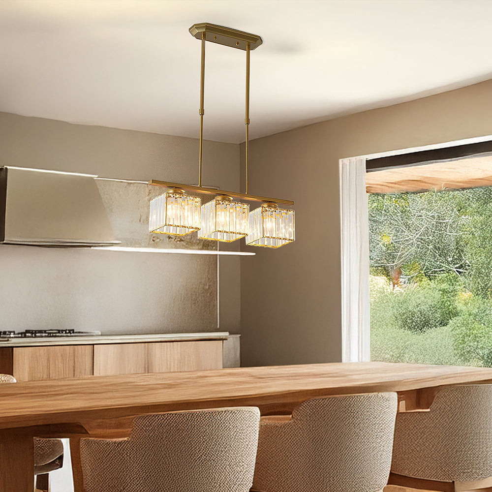 Crystal Glass Island Pendant Light – 3 or 4 Head Chandelier, Adjustable Height