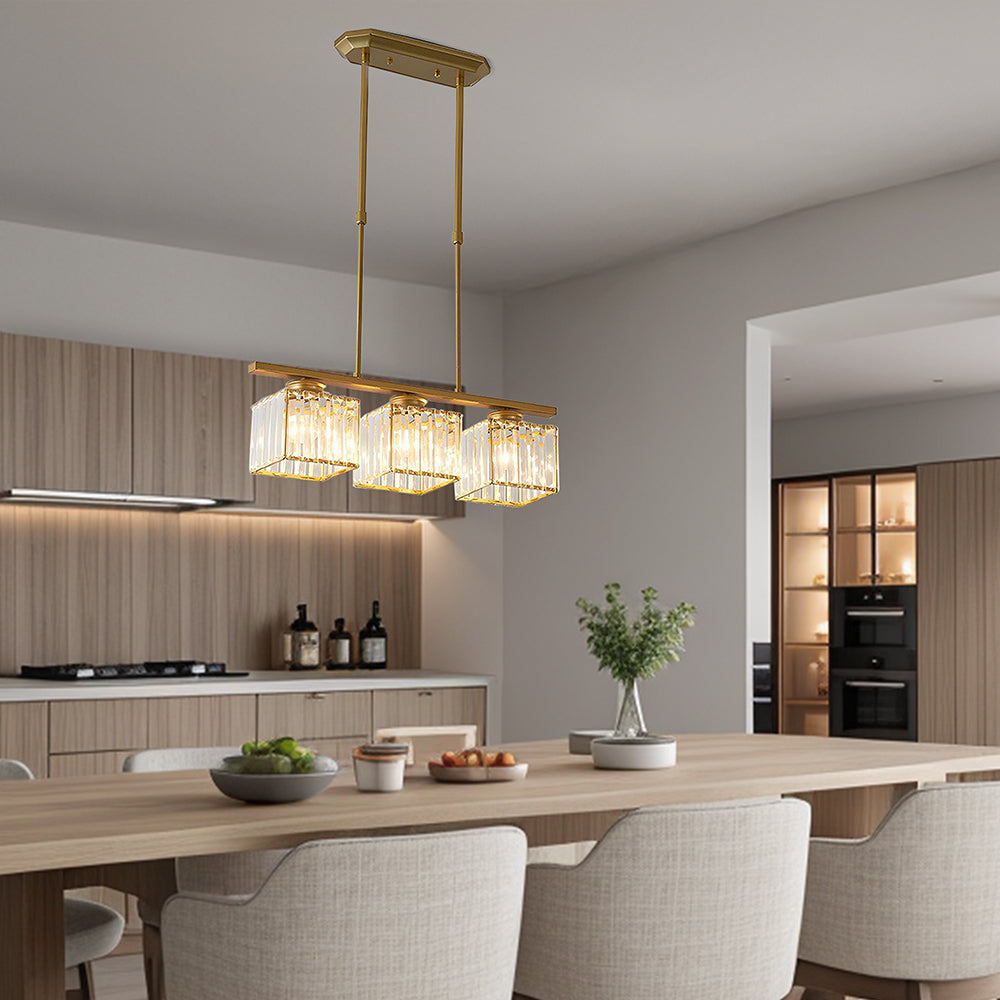 Crystal Glass Island Pendant Light – 3 or 4 Head Chandelier, Adjustable Height