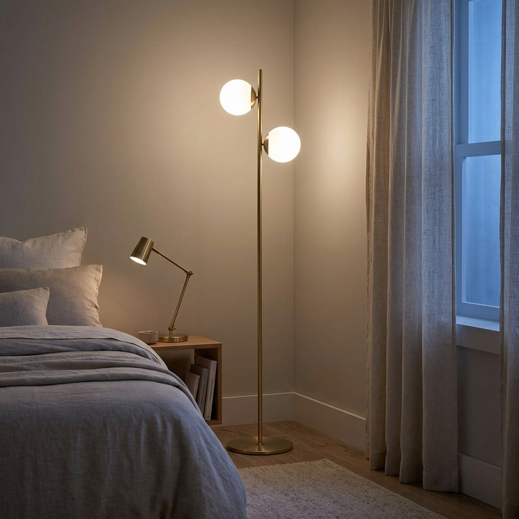 Brass Floor Lamp – Two Frosted Glass Globes, LED Bulbs Included