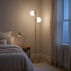 Brass Floor Lamp – Two Frosted Glass Globes, LED Bulbs Included