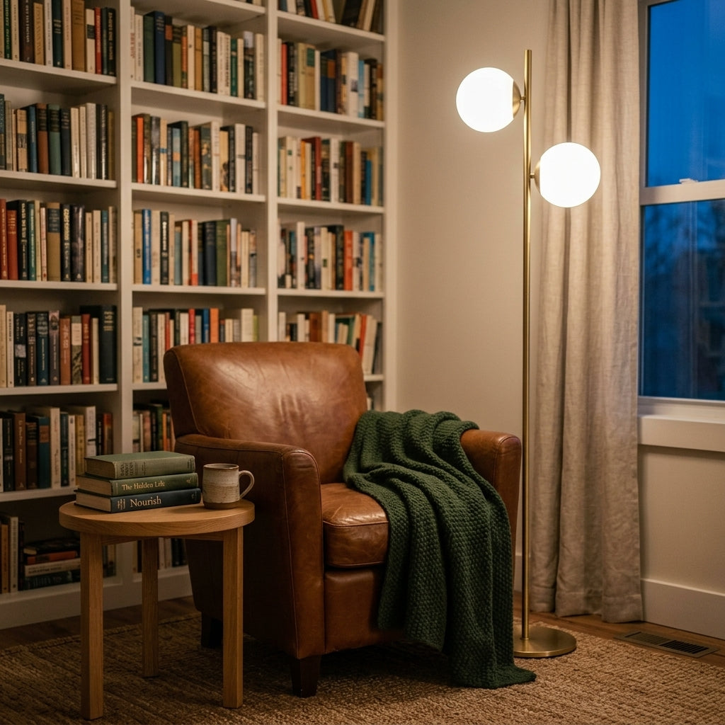 Brass Floor Lamp – Two Frosted Glass Globes, LED Bulbs Included