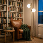 Brass Floor Lamp – Two Frosted Glass Globes, LED Bulbs Included