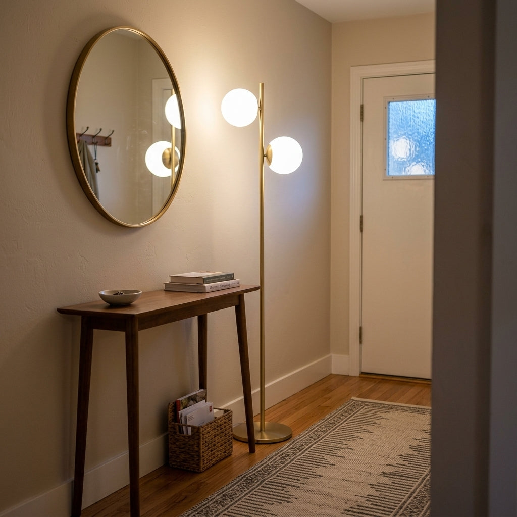 Brass Floor Lamp – Two Frosted Glass Globes, LED Bulbs Included