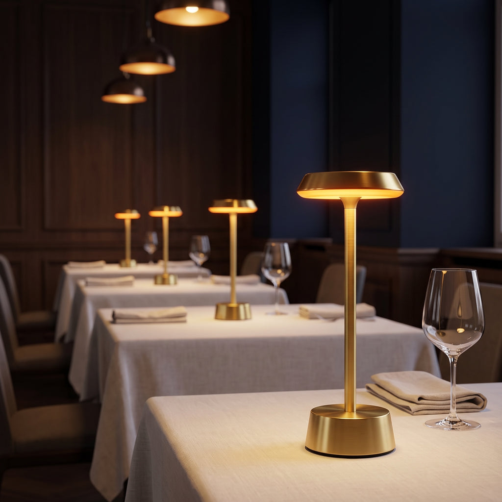 Brushed Brass Table Lamp – Cordless LED Mood Light, Flat Disc Shade, IP65 Waterproof