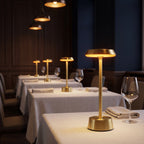 Brushed Brass Table Lamp – Cordless LED Mood Light, Flat Disc Shade, IP65 Waterproof
