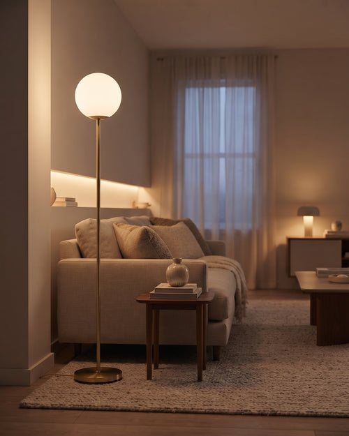 Brass Globe Floor Lamp – Frosted Glass Shade, LED Bulb Included, 165cm