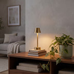 Brushed Brass Table Lamp – Cordless LED Mood Light, Empire Shade, IP65 Waterproof