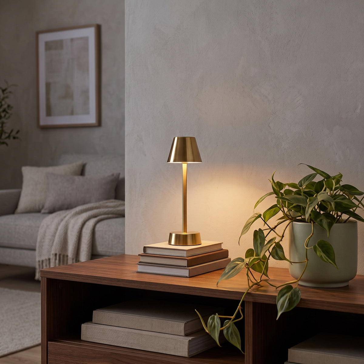 Brushed Brass Table Lamp – Cordless LED Mood Light, Empire Shade, IP65 Waterproof