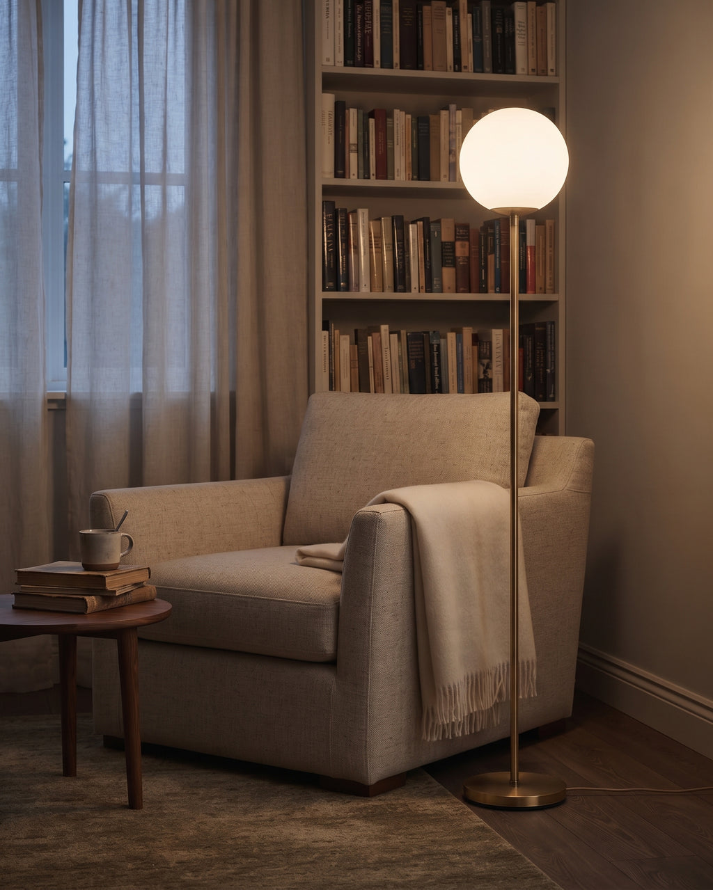 Brass Globe Floor Lamp – Frosted Glass Shade, LED Bulb Included, 165cm