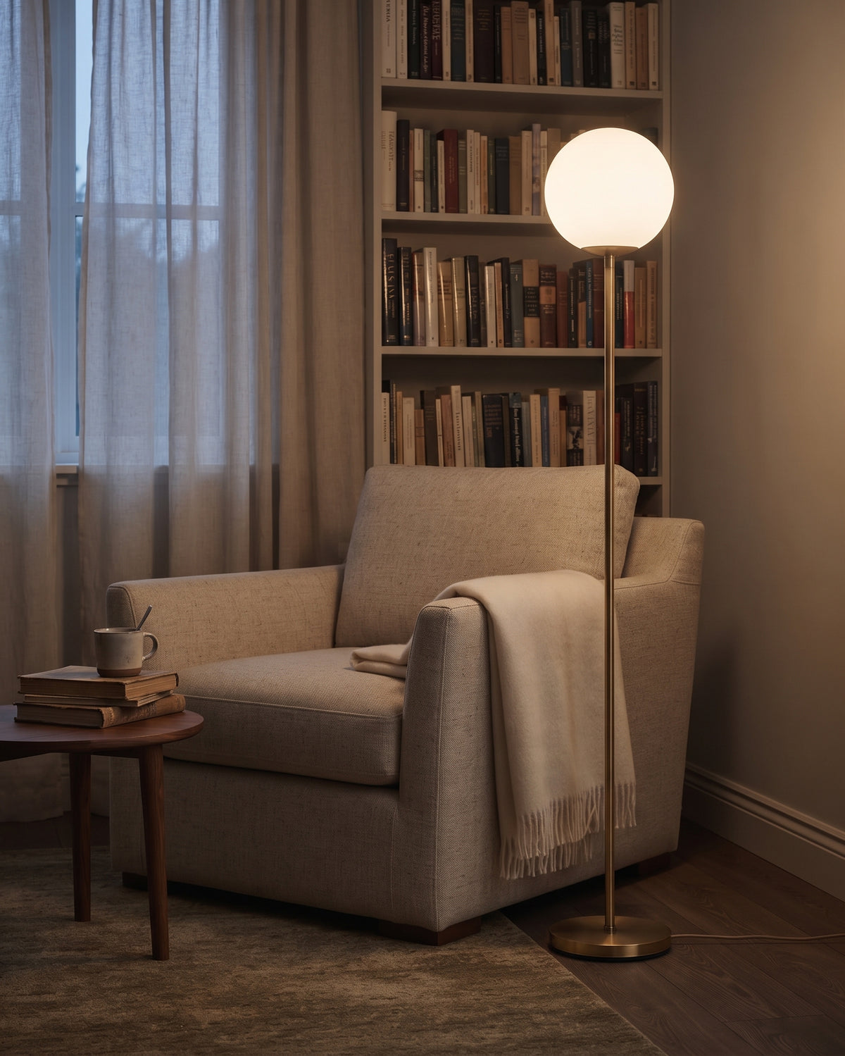 Brass Globe Floor Lamp – Frosted Glass Shade, LED Bulb Included, 165cm