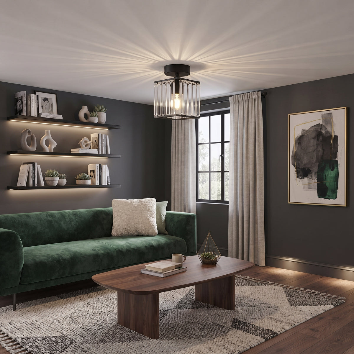 Crystal Shade Flush Mount Ceiling Light – Square or Circle, 3 Sizes