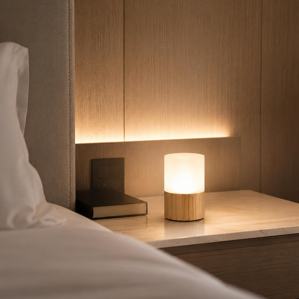 Wood Table Lamp – Cordless LED Mood Light, Natural Wood Base, IP65 Waterproof