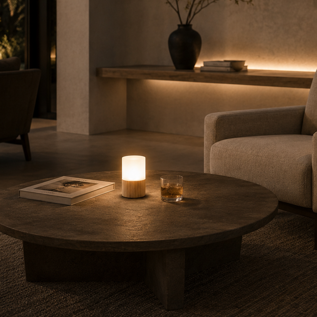 Wood Table Lamp – Cordless LED Mood Light, Natural Wood Base, IP65 Waterproof