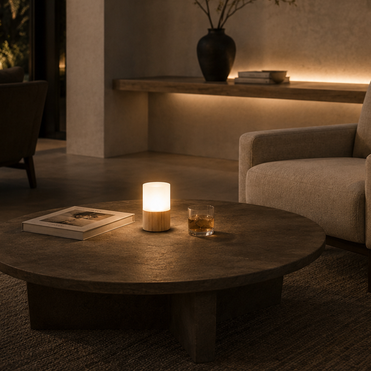Wood Table Lamp – Cordless LED Mood Light, Natural Wood Base, IP65 Waterproof