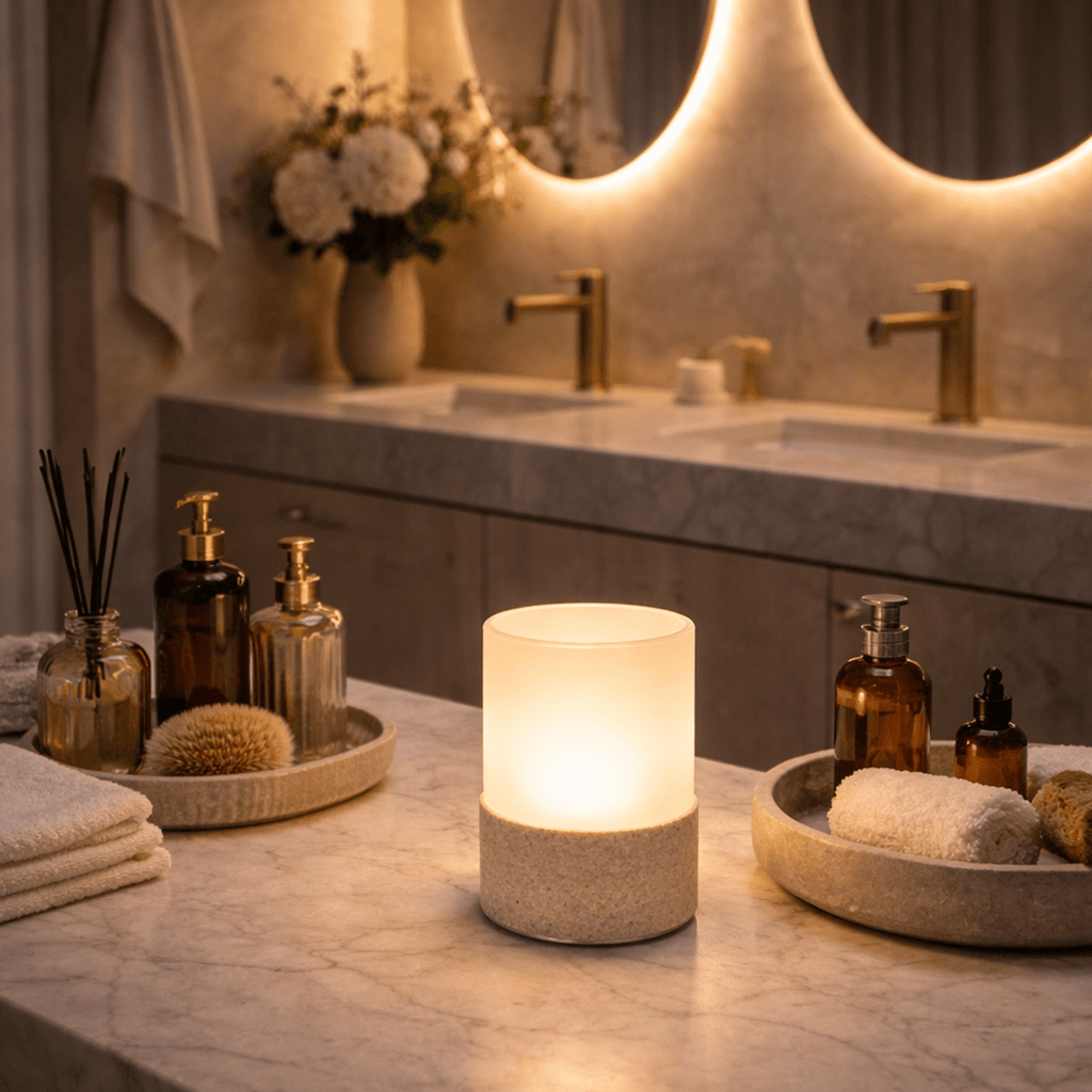 Stone Table Lamp – Cordless LED Mood Light, Travertine Base, IP65 Waterproof