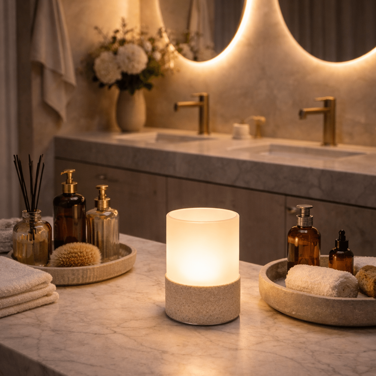Stone Table Lamp – Cordless LED Mood Light, Travertine Base, IP65 Waterproof