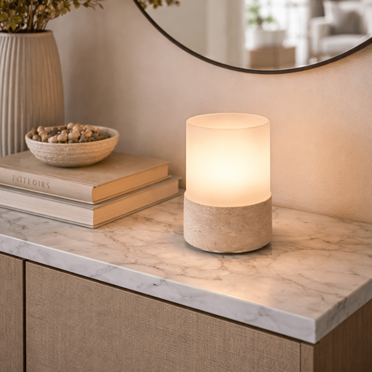 Stone Table Lamp – Cordless LED Mood Light, Travertine Base, IP65 Waterproof