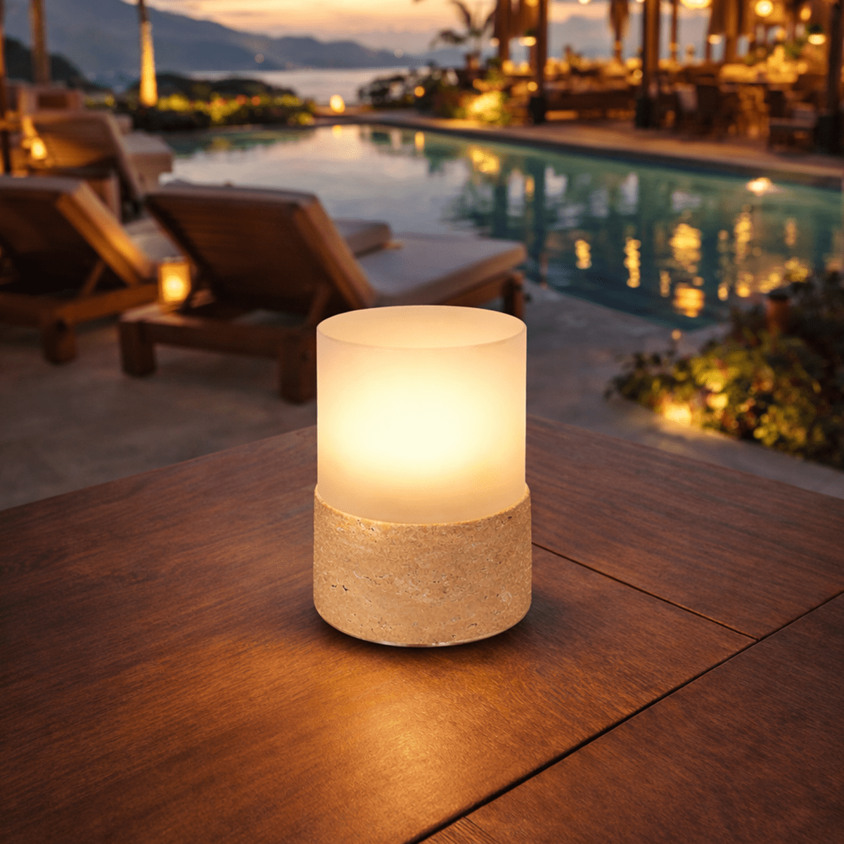 Stone Table Lamp – Cordless LED Mood Light, Travertine Base, IP65 Waterproof