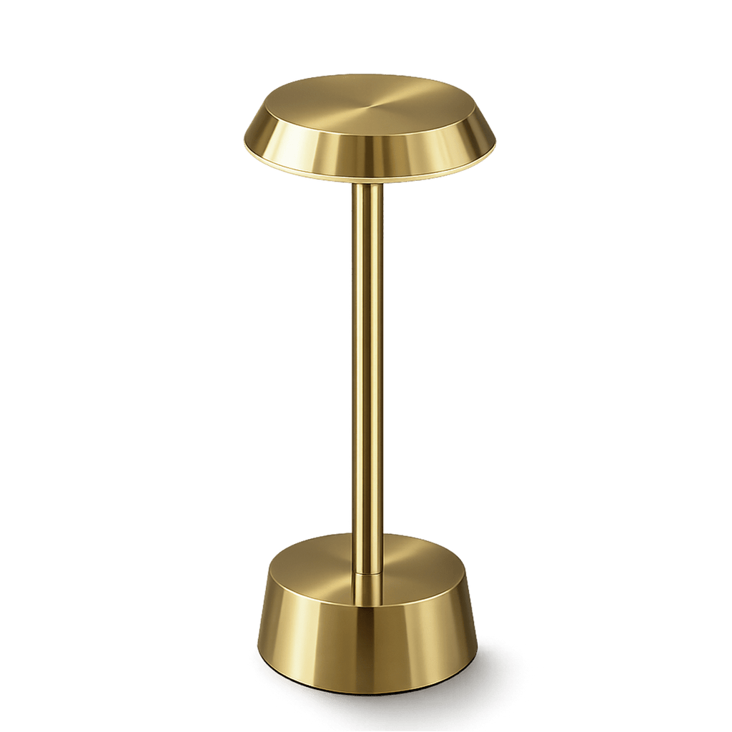 Brushed Brass Table Lamp – Cordless LED Mood Light, Flat Disc Shade, IP65 Waterproof