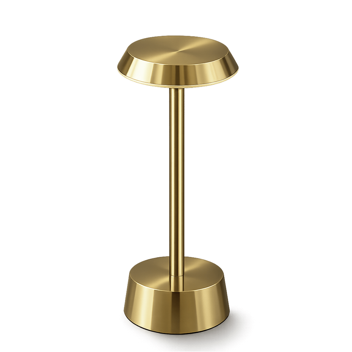 Brushed Brass Table Lamp – Cordless LED Mood Light, Flat Disc Shade, IP65 Waterproof