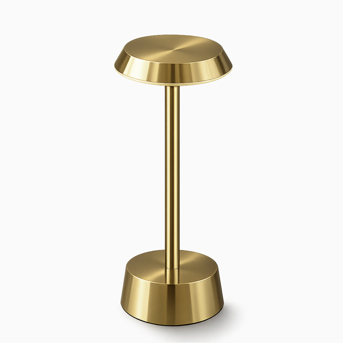 Brushed Brass Table Lamp – Cordless LED Mood Light, Flat Disc Shade, IP65 Waterproof