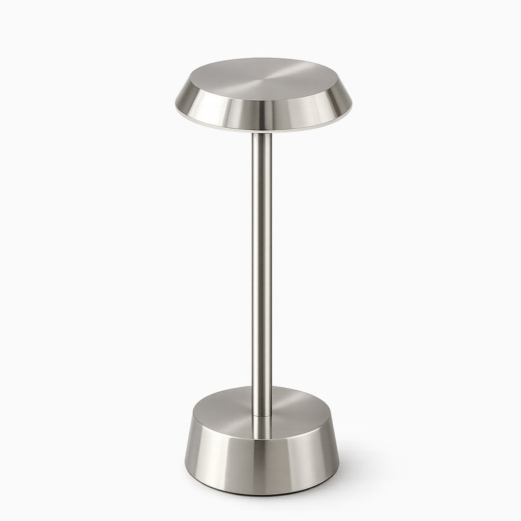Metal Table Lamp – Cordless LED Mood Light, Flat Disc Shade, IP65 Waterproof