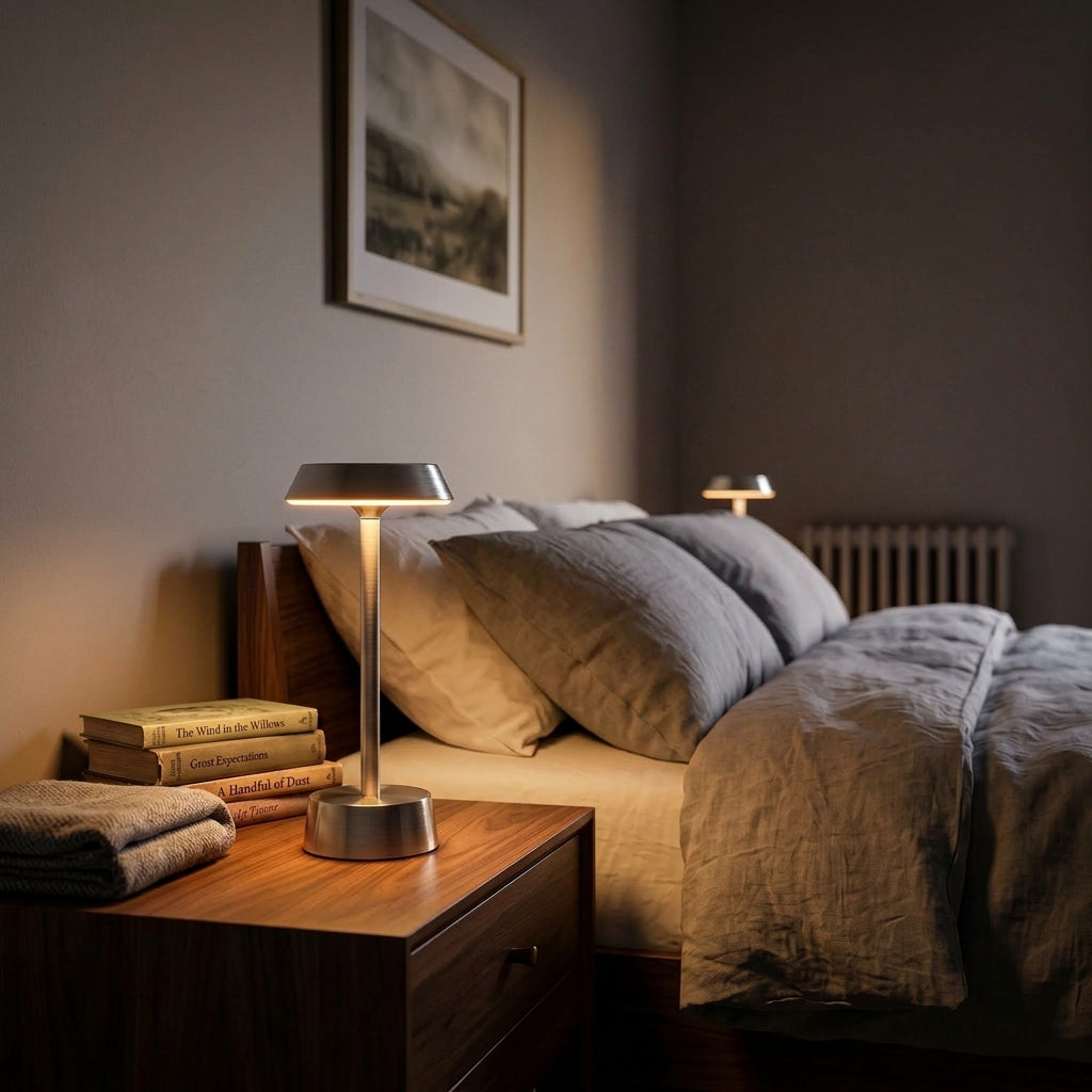 Metal Table Lamp – Cordless LED Mood Light, Flat Disc Shade, IP65 Waterproof