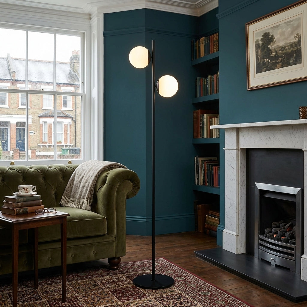 Brass Floor Lamp – Two Frosted Glass Globes, LED Bulbs Included