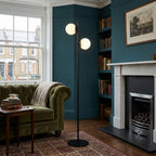 Brass Floor Lamp – Two Frosted Glass Globes, LED Bulbs Included