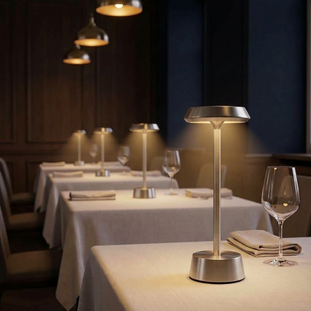Metal Table Lamp – Cordless LED Mood Light, Flat Disc Shade, IP65 Waterproof