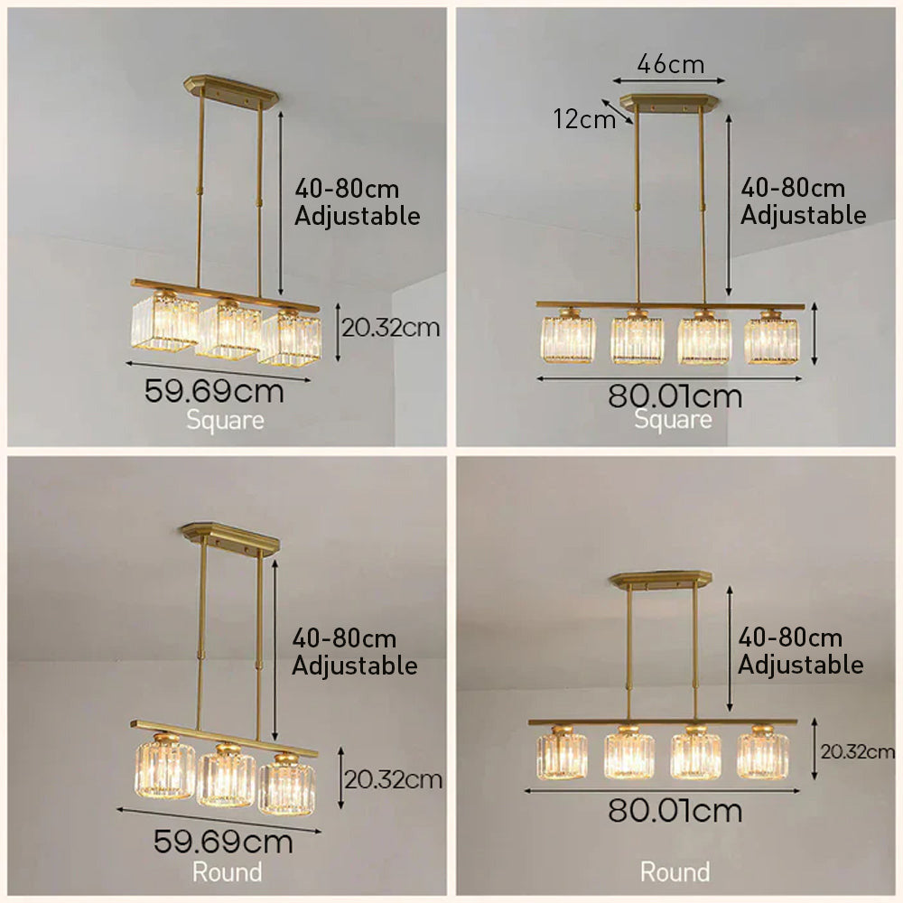 Crystal Glass Island Pendant Light – 3 or 4 Head Chandelier, Adjustable Height