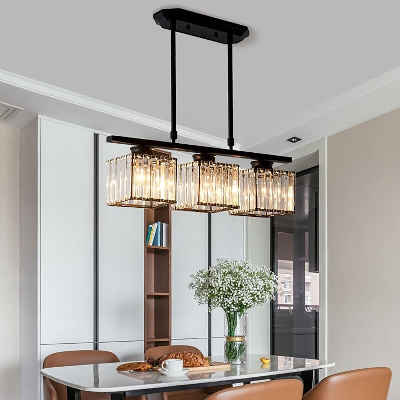 Crystal Glass Island Pendant Light – 3 or 4 Head Chandelier, Adjustable Height